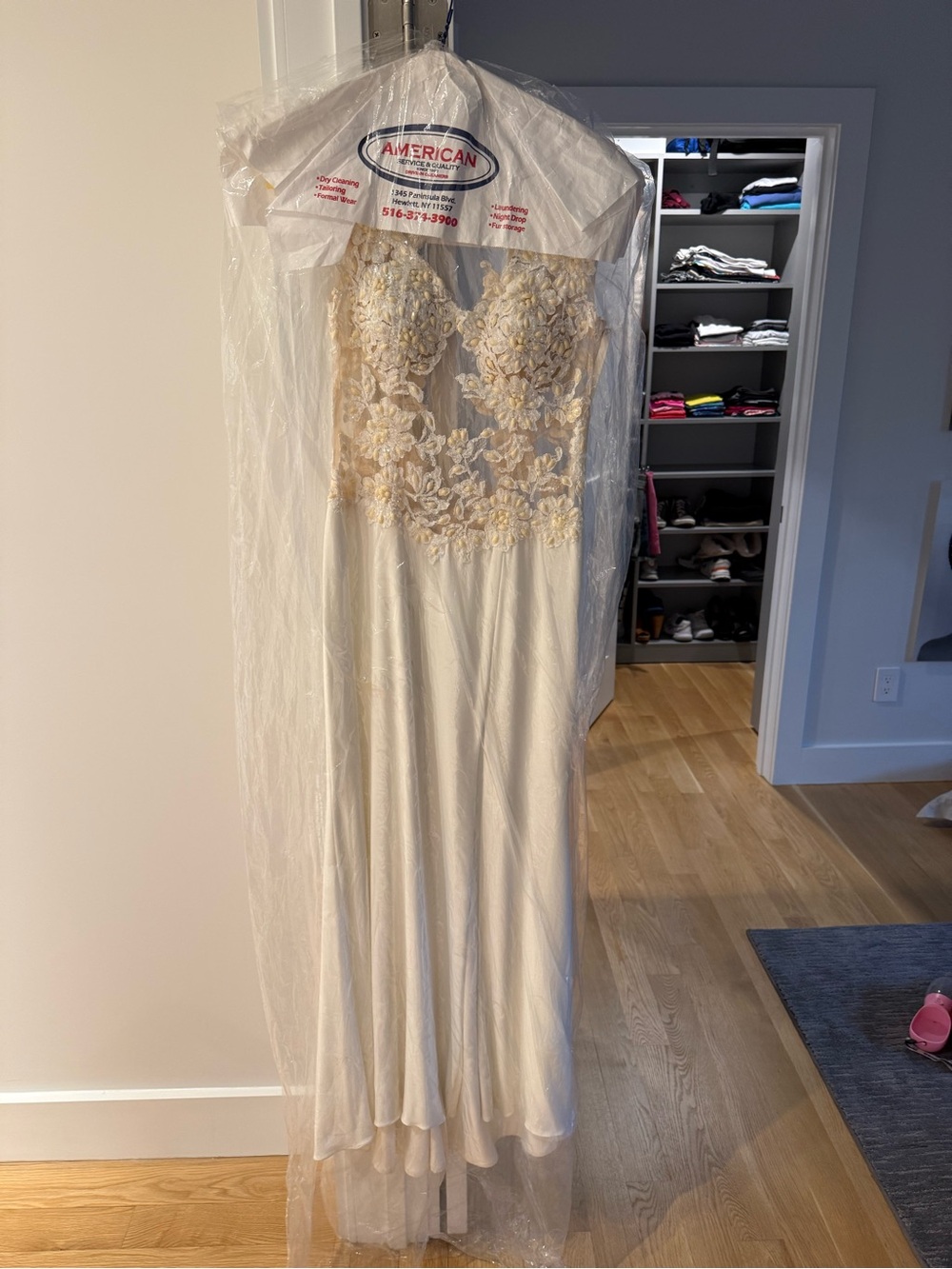 Ivory Lace Bodice Satin Skirt Evening Gown